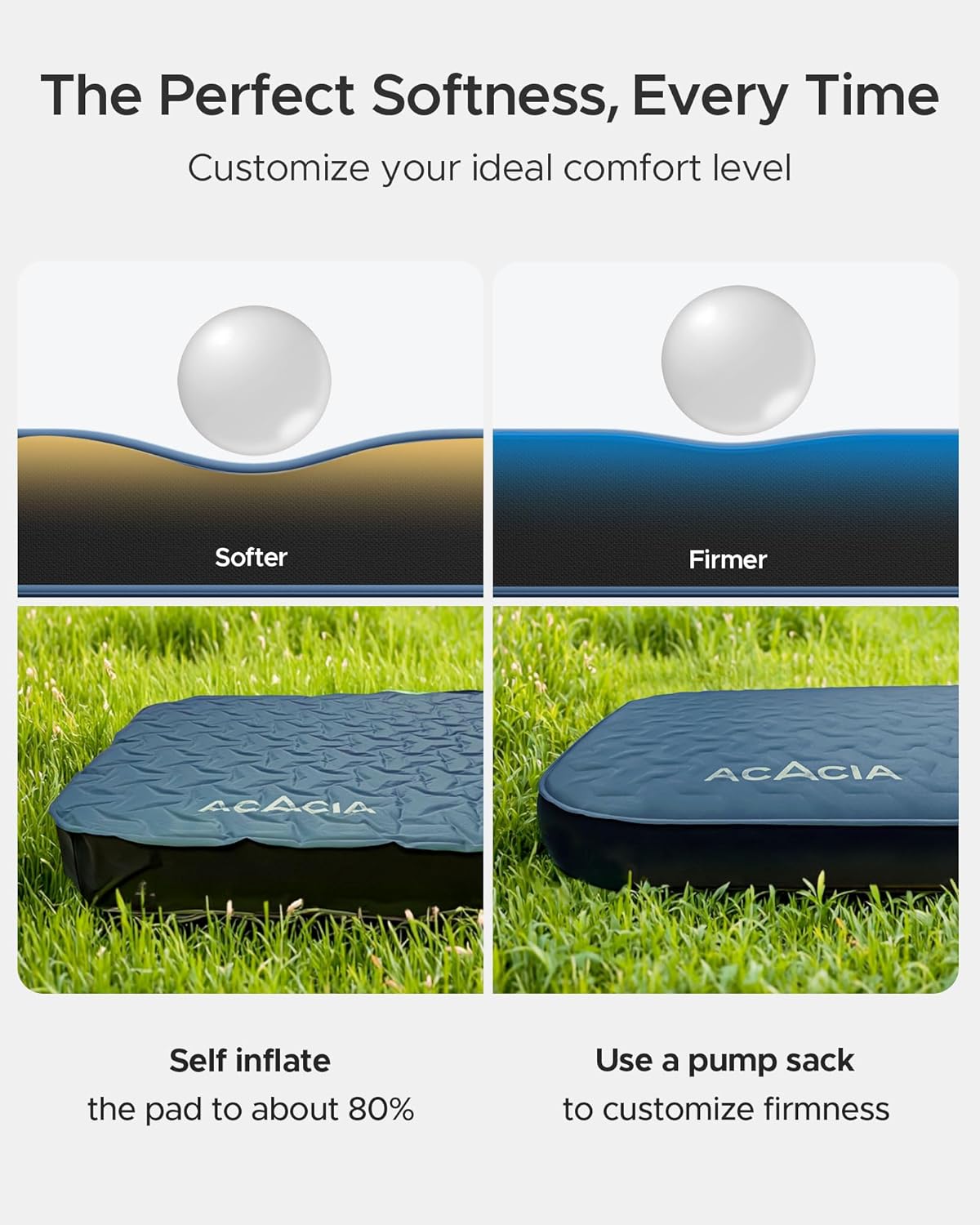 Acacia 4 Thick Self Inflating Sleeping Pad with Foam, Innovative Y-Shaped Telescopic Structure, Ultraportable Camping Air Mattress with Pump Sack, Easy Roll Up Sleep Bed for Travel Tent Car